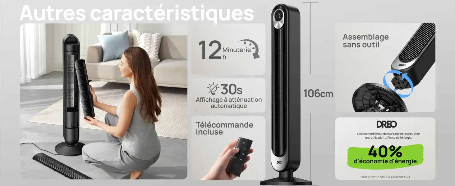 DREO Ventilateur Colonne Silencieux, Puissant Vitesse 8,53 m/s, — contenu détaillé 9