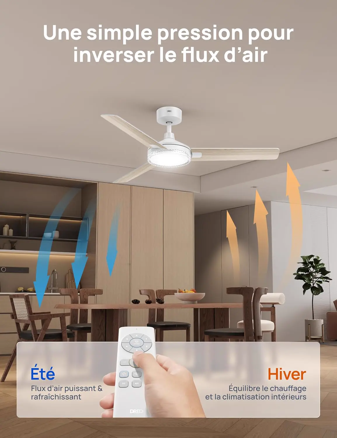 DREO ventilateur de plafond avec lumière et télécommande 132 cm, vue 3