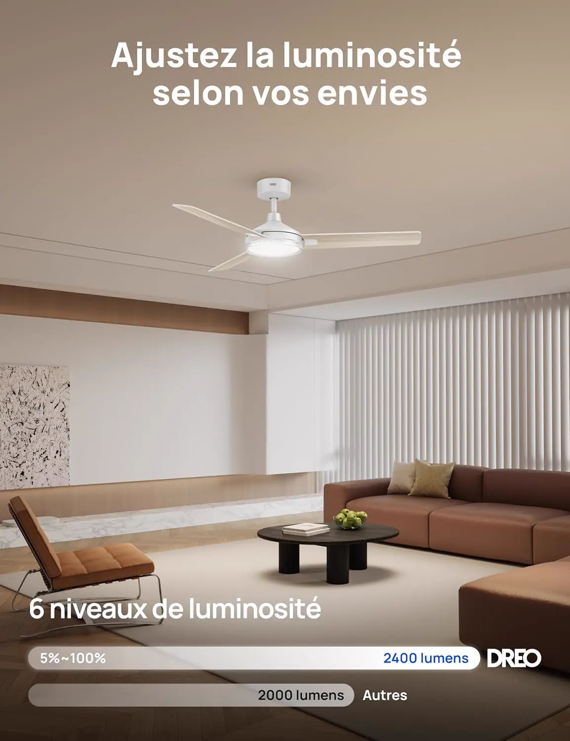 DREO ventilateur de plafond avec lumière et télécommande 132 cm, vue 4