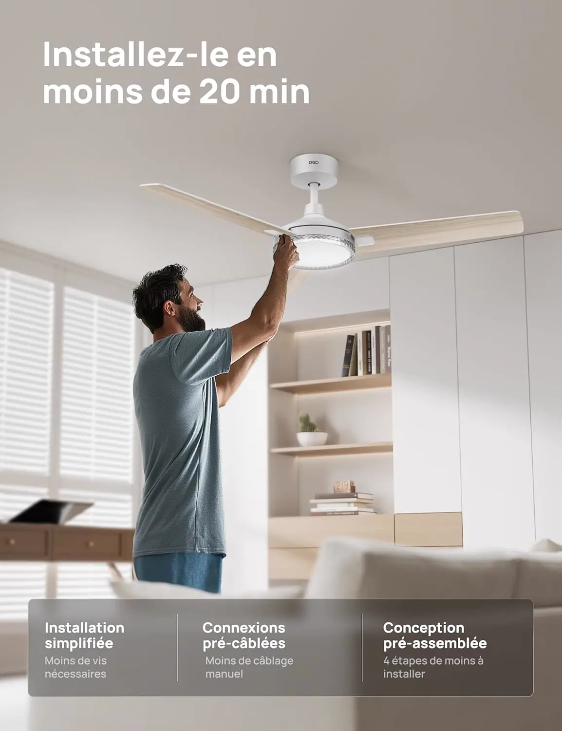 DREO ventilateur de plafond avec lumière et télécommande 132 cm, vue 7