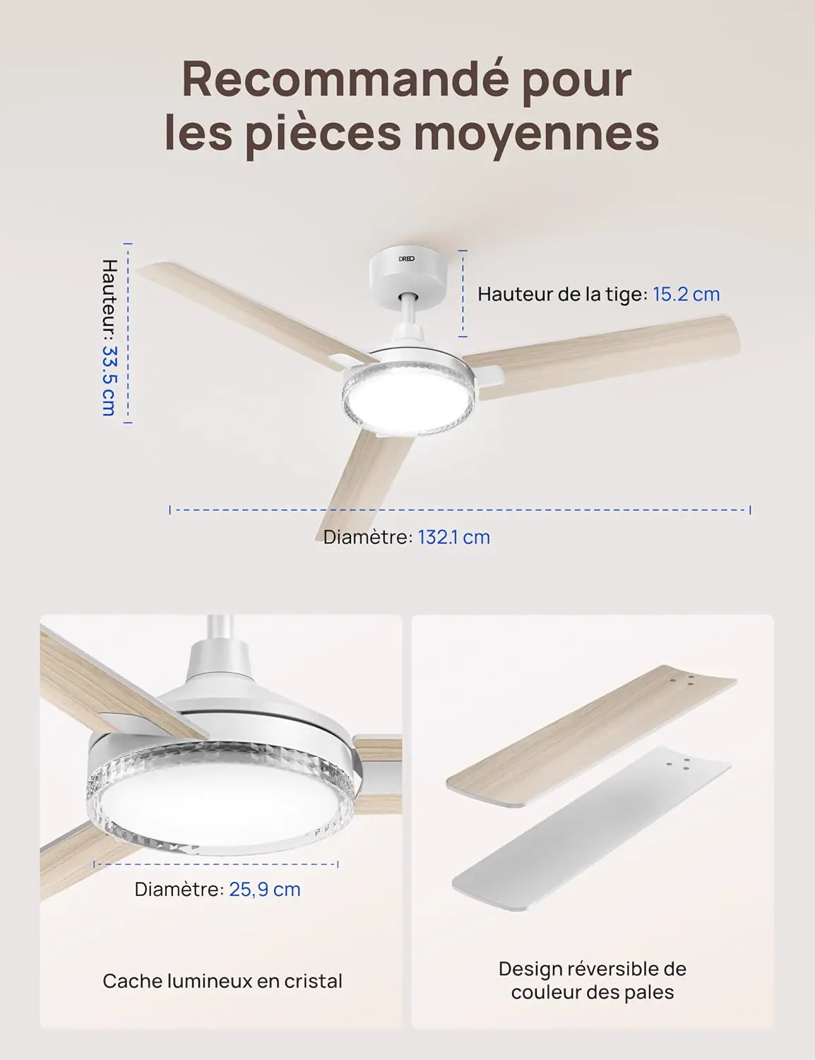 DREO ventilateur de plafond avec lumière et télécommande 132 cm, vue 8