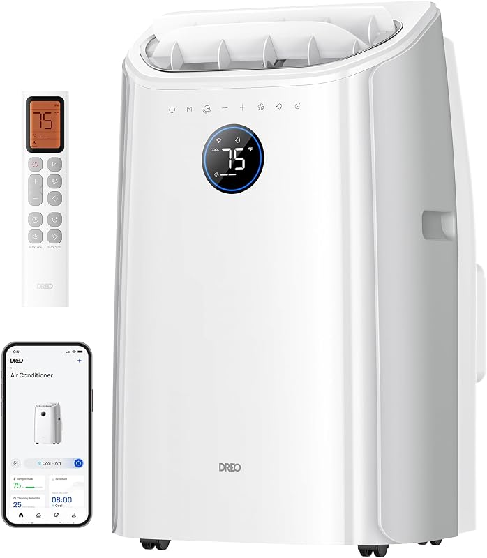 DREO climatiseur mobile 7500 BTU 3-en-1 refroidissement/ventilation/déshumidification, silencieux pour chambre ou bureau, contrôle par app et voix, sans drainage, kit fenêtre, 2,5 L/h, AC318S