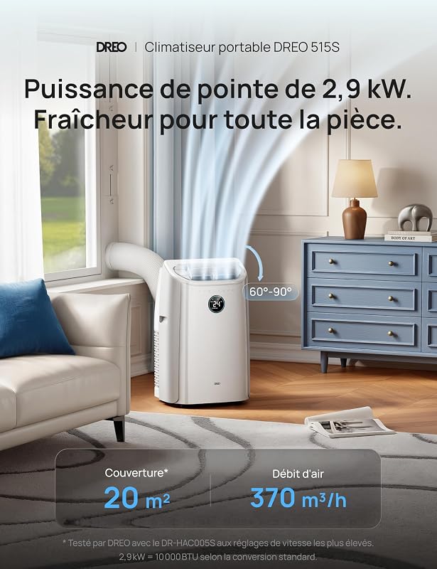 DREO climatiseur mobile 7500 BTU 3-en-1 refroidissement/ventilation/déshumidification, silencieux pour chambre ou bureau, contrôle par app et voix, sans drainage, kit fenêtre, 2,5 L/h, AC318S vue 2