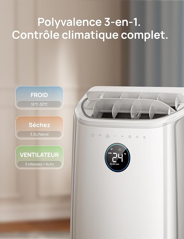 DREO climatiseur mobile 7500 BTU 3-en-1 refroidissement/ventilation/déshumidification, silencieux pour chambre ou bureau, contrôle par app et voix, sans drainage, kit fenêtre, 2,5 L/h, AC318S vue 4