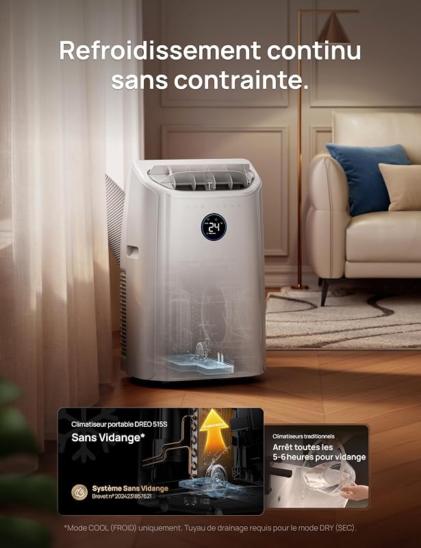 DREO climatiseur mobile 7500 BTU 3-en-1 refroidissement/ventilation/déshumidification, silencieux pour chambre ou bureau, contrôle par app et voix, sans drainage, kit fenêtre, 2,5 L/h, AC318S vue 5