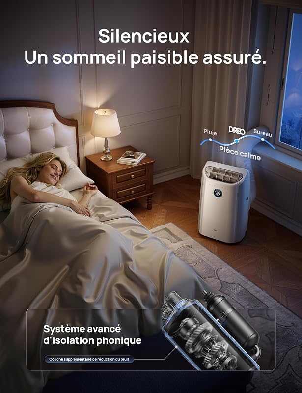 DREO climatiseur mobile 7500 BTU 3-en-1 refroidissement/ventilation/déshumidification, silencieux pour chambre ou bureau, contrôle par app et voix, sans drainage, kit fenêtre, 2,5 L/h, AC318S vue 6