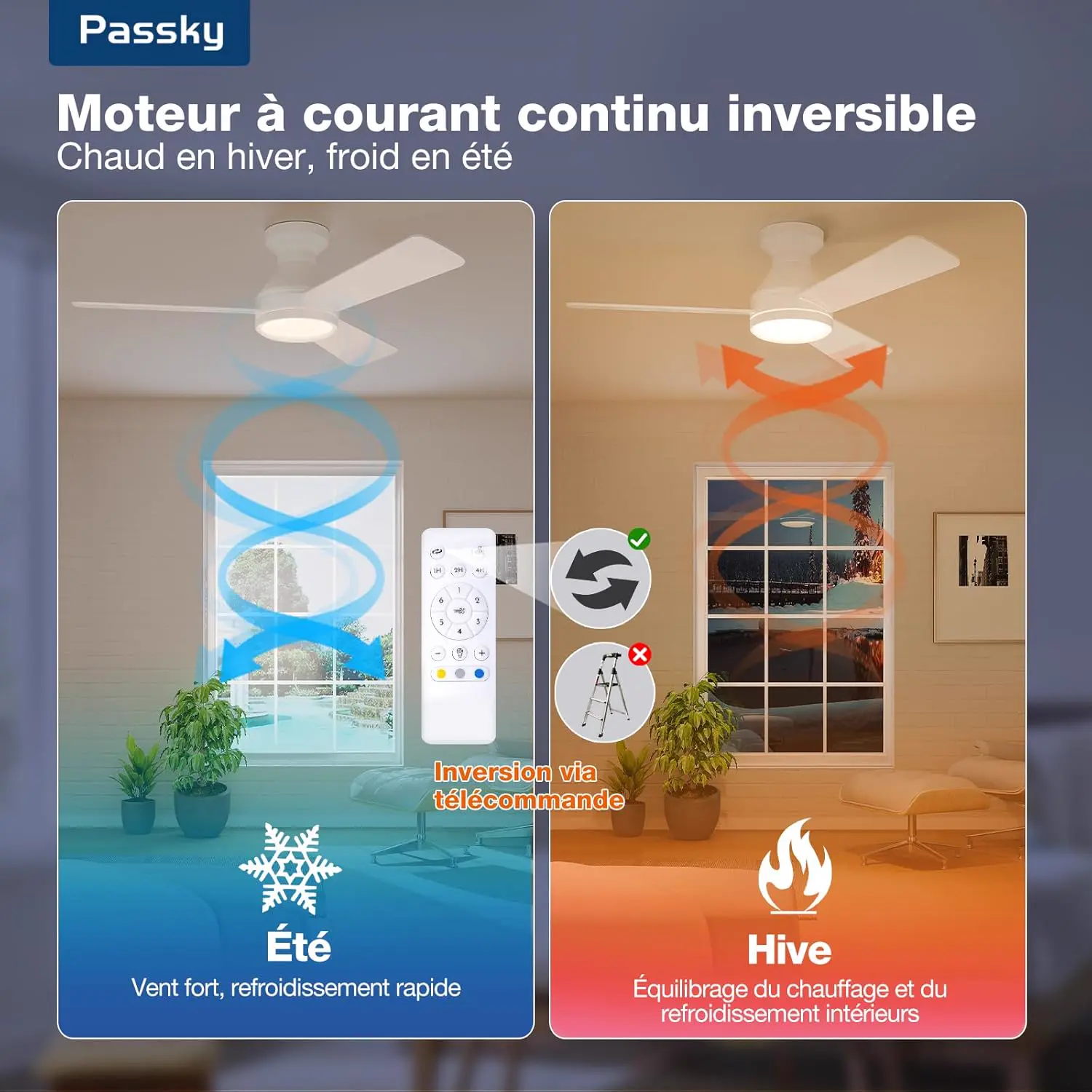 Passky Ventilateur de plafond avec lumière silencieux 107cm, vue 4