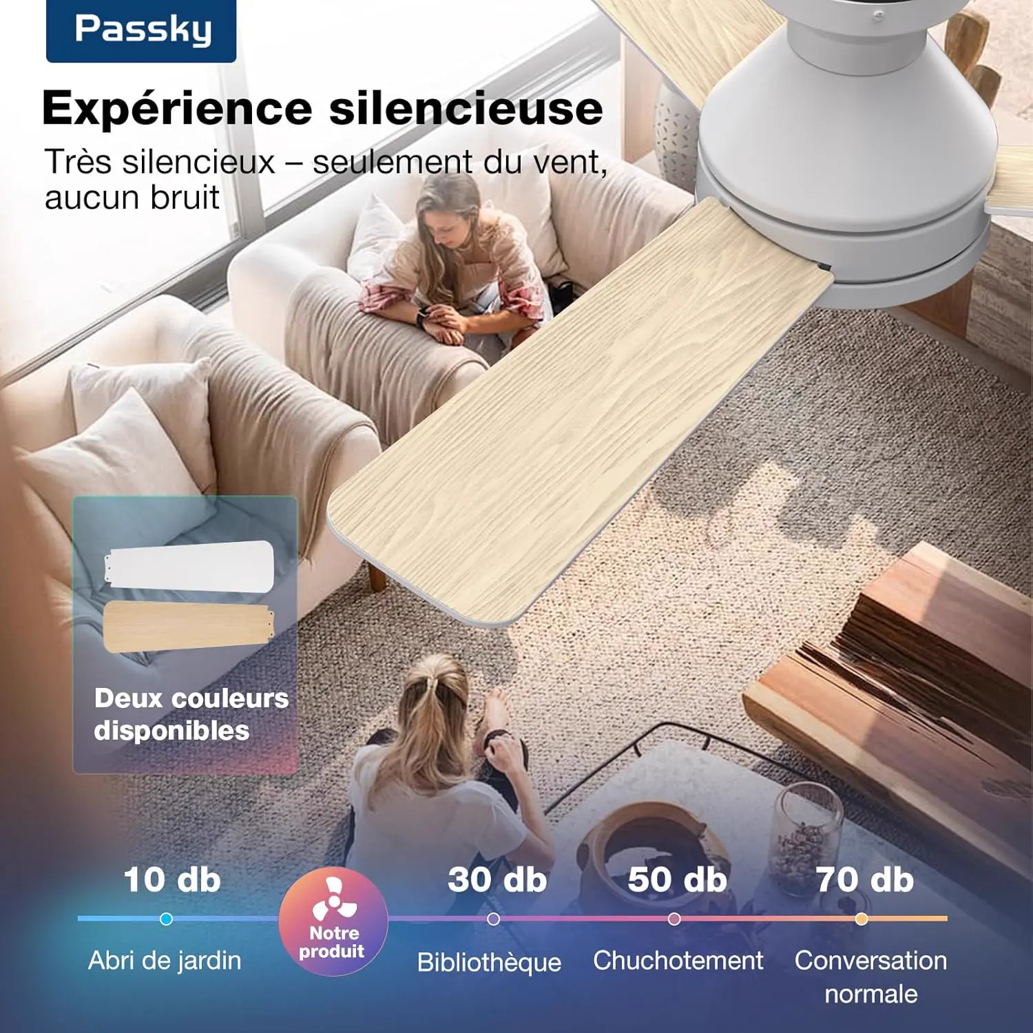 Passky Ventilateur de plafond avec lumière silencieux 107cm, vue 5