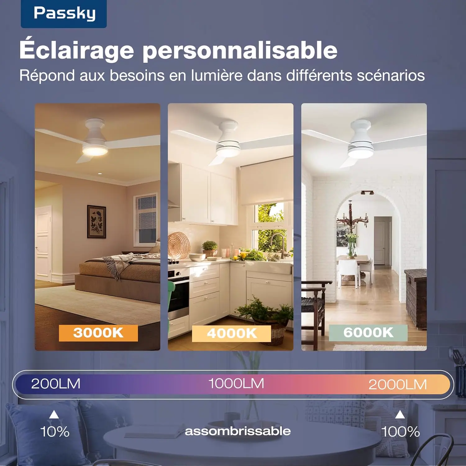 Passky Ventilateur de plafond avec lumière silencieux 107cm, vue 6
