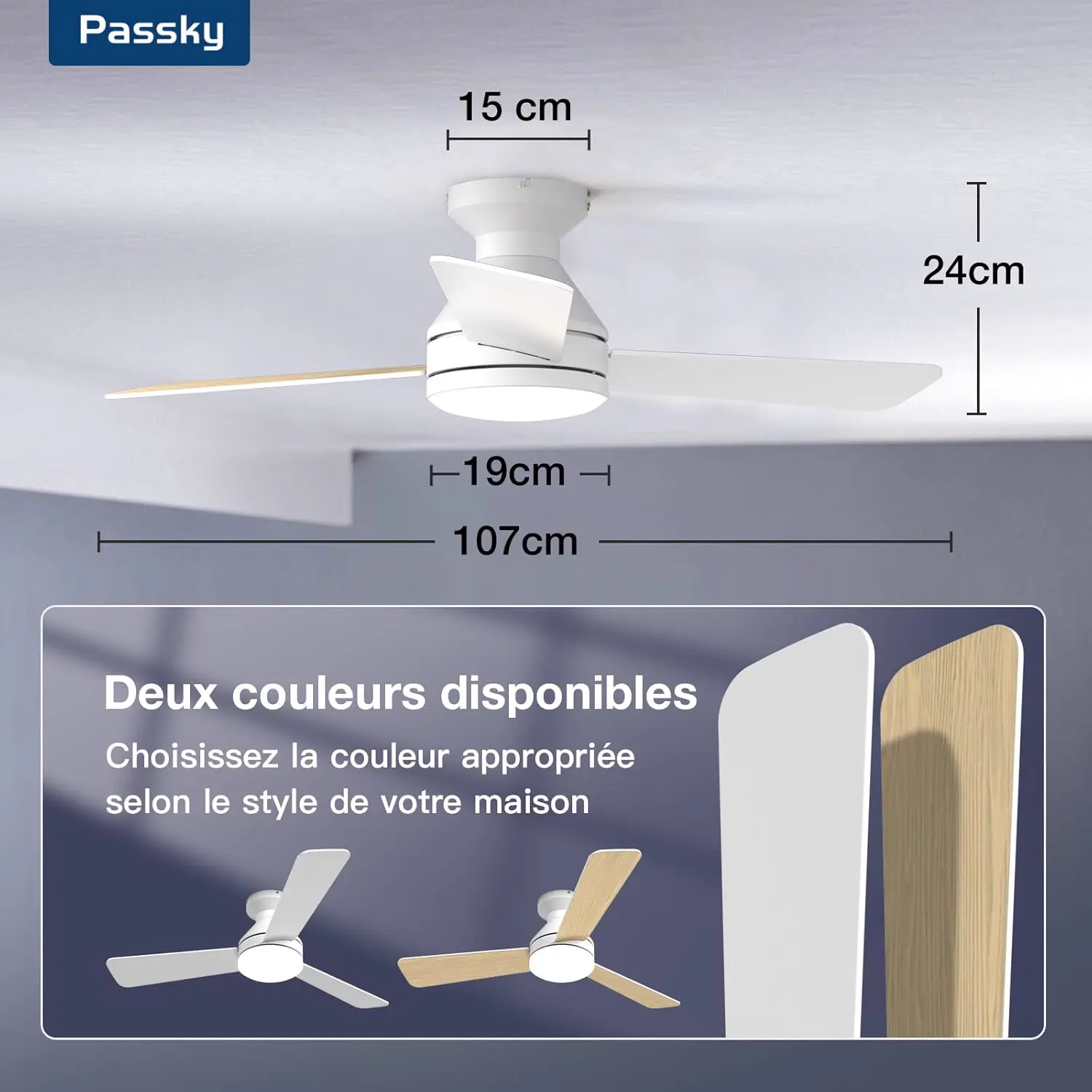 Passky Ventilateur de plafond avec lumière silencieux 107cm, vue 8