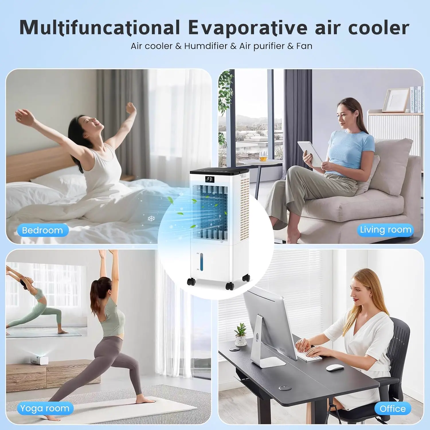 Climatiseur Mobile Silencieux 8L Climatiseur sans Évacuation Rafraîchisseur d'Air avec 2 Coussin d'eau, Minuterie 12H, 60W, 3 Vitesses, 3 Modes, Télécommande Incluse pour Chambre, Bureau, Maison vue 8