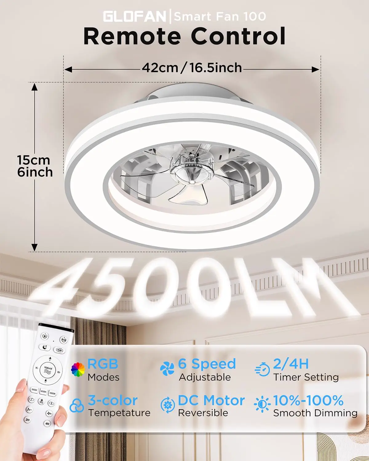 Ventilateur Plafond avec Lumiere et Telecommande Ø42 cm, vue 5
