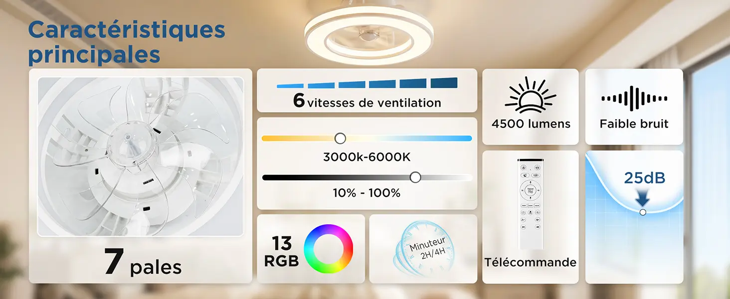 Ventilateur Plafond avec Lumiere et Telecommande Ø42 cm, — contenu détaillé 13