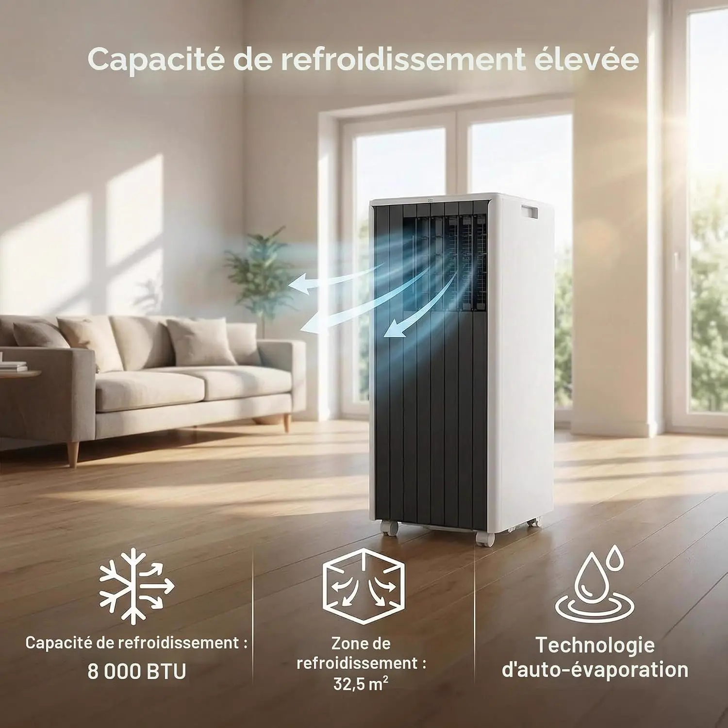 Climatiseur mobile 8000 BTU, refroidissement 3 en 1 AC, climatiseur portable avec mode veille, climatiseur au sol sans ventilation, 3 ventilateurs vue 2