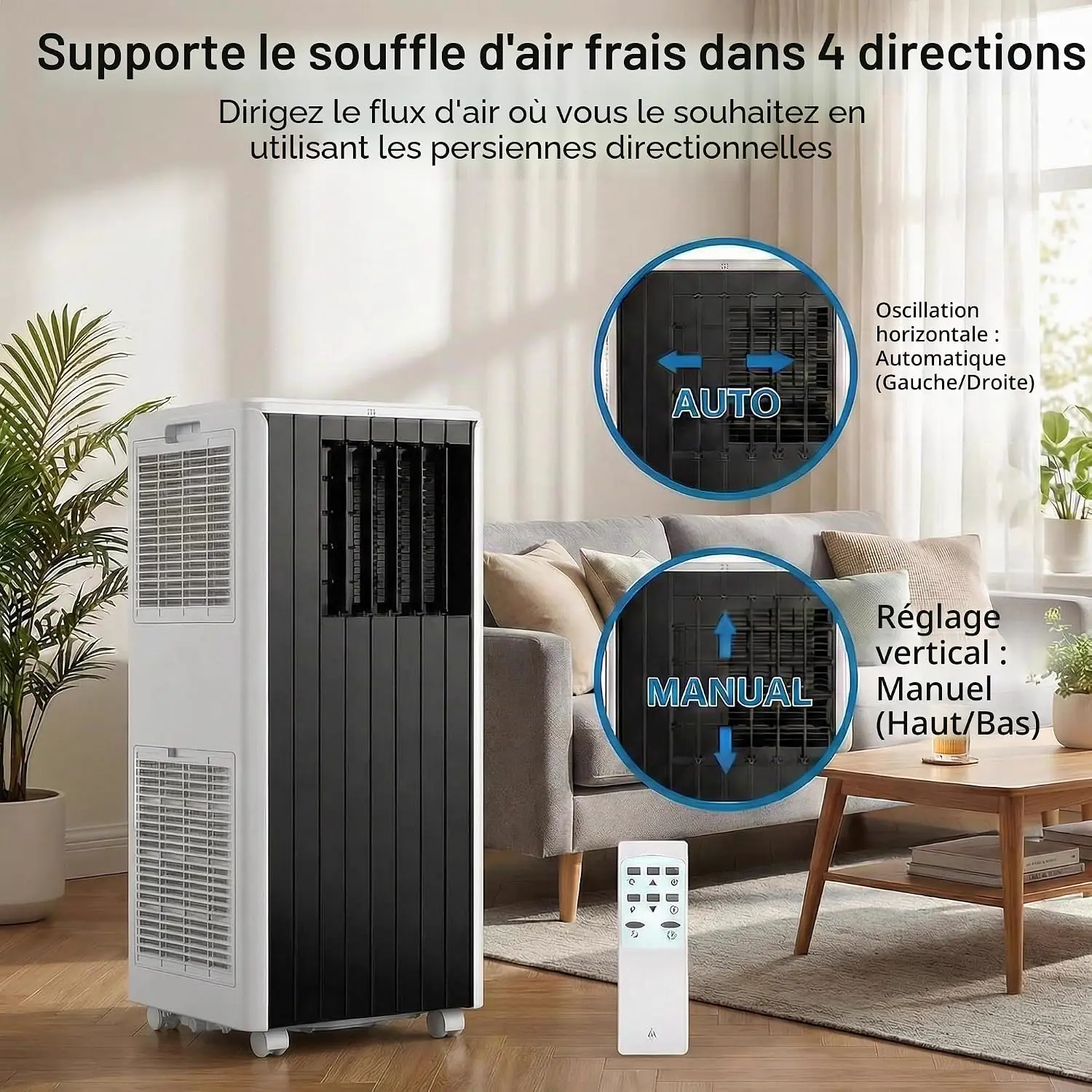 Climatiseur mobile 8000 BTU, refroidissement 3 en 1 AC, climatiseur portable avec mode veille, climatiseur au sol sans ventilation, 3 ventilateurs vue 7