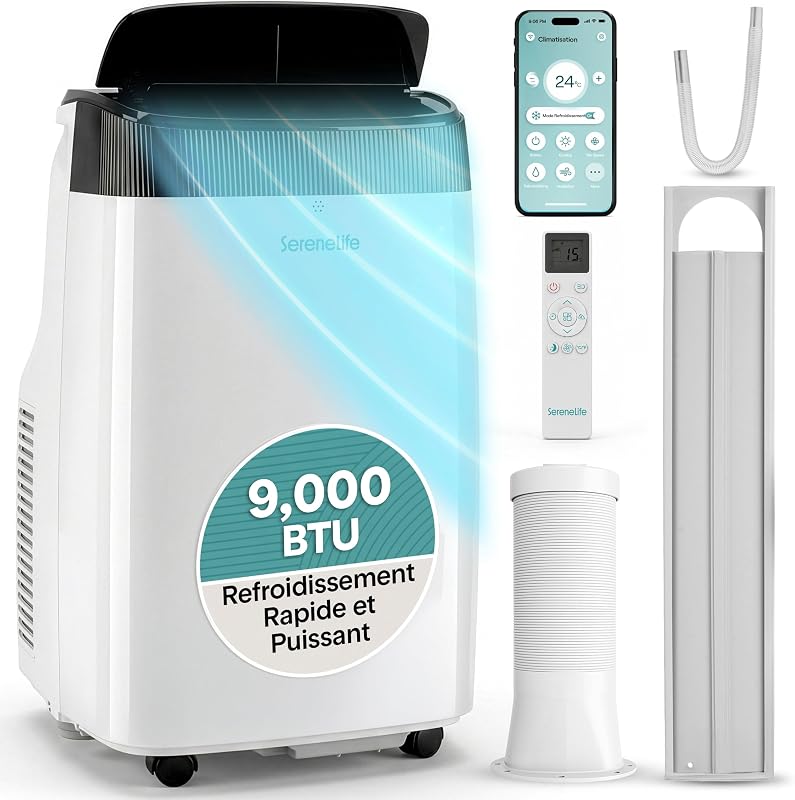 SereneLife Climatiseur Mobile 14000 BTU 2,9 kW avec Évacuation – WiFi 4 en 1 pour pièces jusqu’à 45 m², Refroidit Chauffe Ventile Déshumidifie