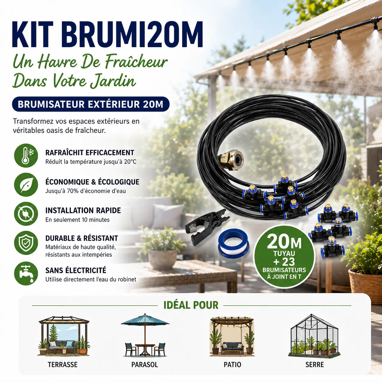 Kit de Brumisation Extérieur 20 m – Système de Rafraîchissement — contenu détaillé 5