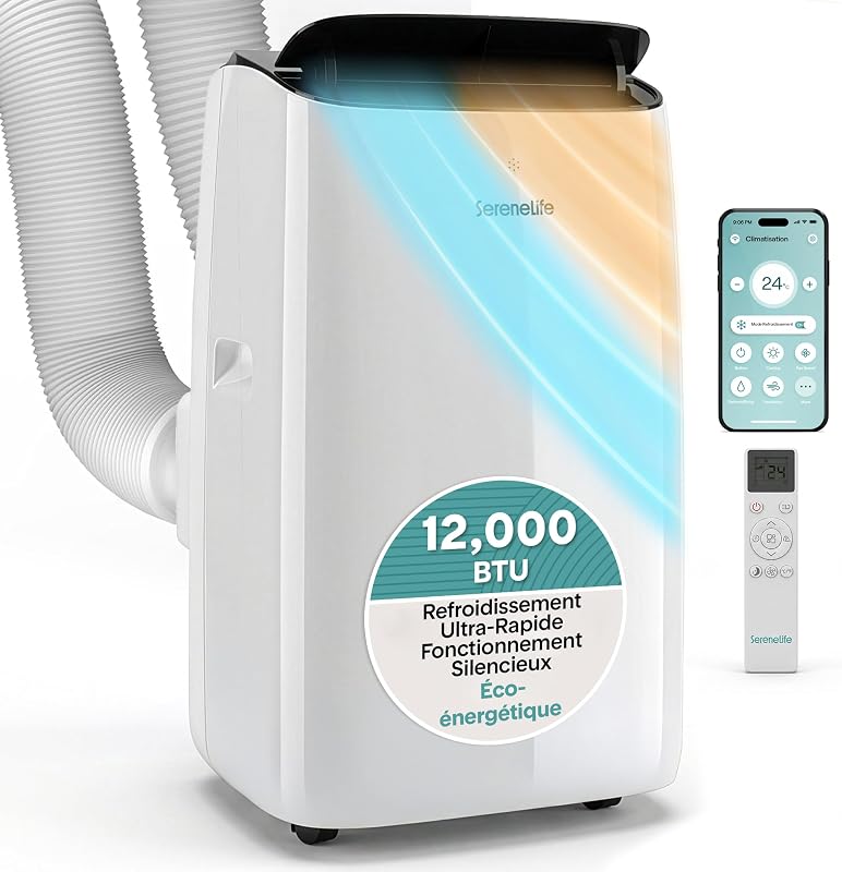Climatiseur Mobile Silencieux 8L Climatiseur sans Évacuation Rafraîchisseur d'Air avec 2 Coussin d'eau, Minuterie 12H, 60W, 3 Vitesses, 3 Modes, Télécommande Incluse pour Chambre, Bureau, Maison