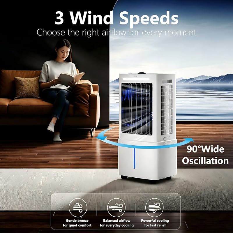 Climatiseur Portable Blanc 8000 BTU Sans Évacuation | 3 Vitesses, Télécommande Incluse, Minuterie 1-12 Heures, Oscillation 90°, Réservoir Amovible vue 2