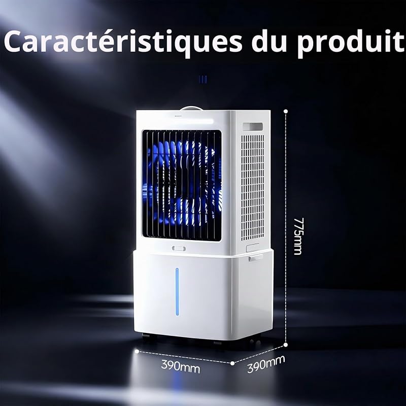 Climatiseur Portable Blanc 8000 BTU Sans Évacuation | 3 Vitesses, Télécommande Incluse, Minuterie 1-12 Heures, Oscillation 90°, Réservoir Amovible vue 7